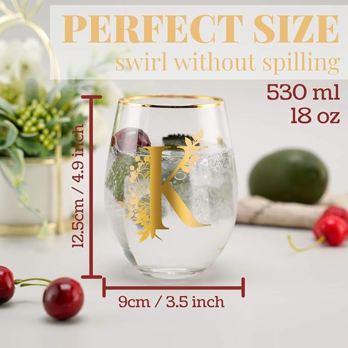 Onebttl Unique Stemless Wine Glasses, Initial Wine Cup for Red or White Wine - 18oz, Monogrammed, Gold - for Women, Girls, Female, Her, Friends, Coworkers, Clients - for Birthday, Christmas