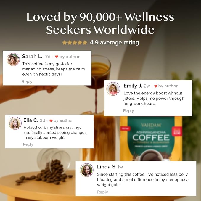 VAHDAM Ashwagandha Coffee with Turmeric, Lion?™s Mane & Chaga Mushroom | Clinically Proven KSM 66 Ashwagandha & Pure Arabica Coffee | Stress & Cortisol Support, Better Energy - 40 servings