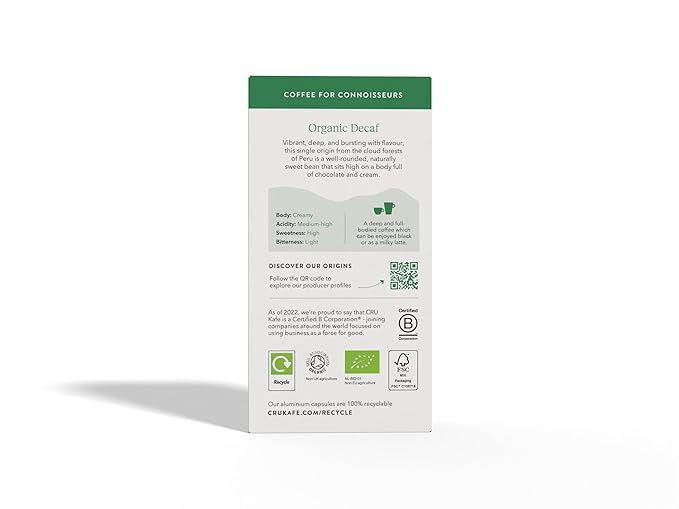 Cru Kafe Decaf USDA Organic Espresso Coffee Capsules (50 Pods) Fairtrade Coffee Pods Compatible with Nespresso Original Line and Pixie Machines
