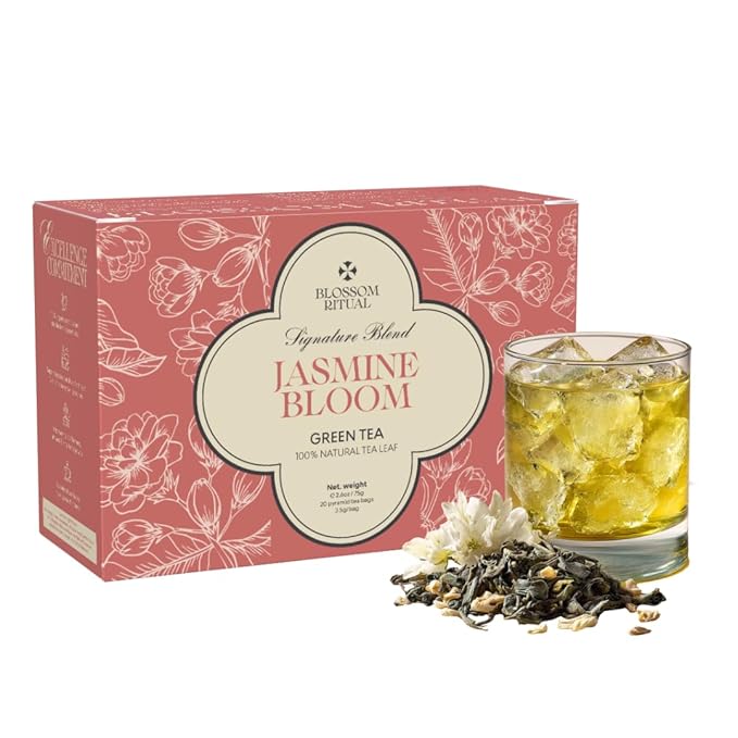 BLOSSOM RITUAL Jasmine Bloom – Floral Green Tea Loose Leaf – 20 Natural Based Pyramid Bags – Serve Upto 60 cups – Jasmine Petal Infusion – Stress Relief & Rich Antioxidants | 2.65oz
