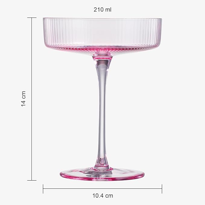 Khen Ribbed Vintage Art Deco Coupe Glasses - Martini, Champagne & Cocktail Ribbed Glasses 8oz | Cute Crystal Glassware Sets, Pink, 4 Pieces, Housewarming Gifts