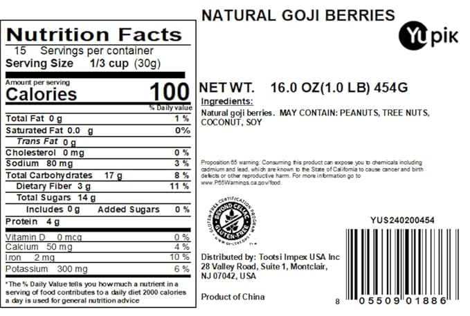 Yupik Natural Dried Goji Berries, 1 lb (16 oz), Gluten-Free, GMO-Free, Dried Fruits, Wolfberries, No Sugar Added, Superfood, High in Vitamin A and C, Source of Fiber, Healthy Snacks, Ideal for Baking