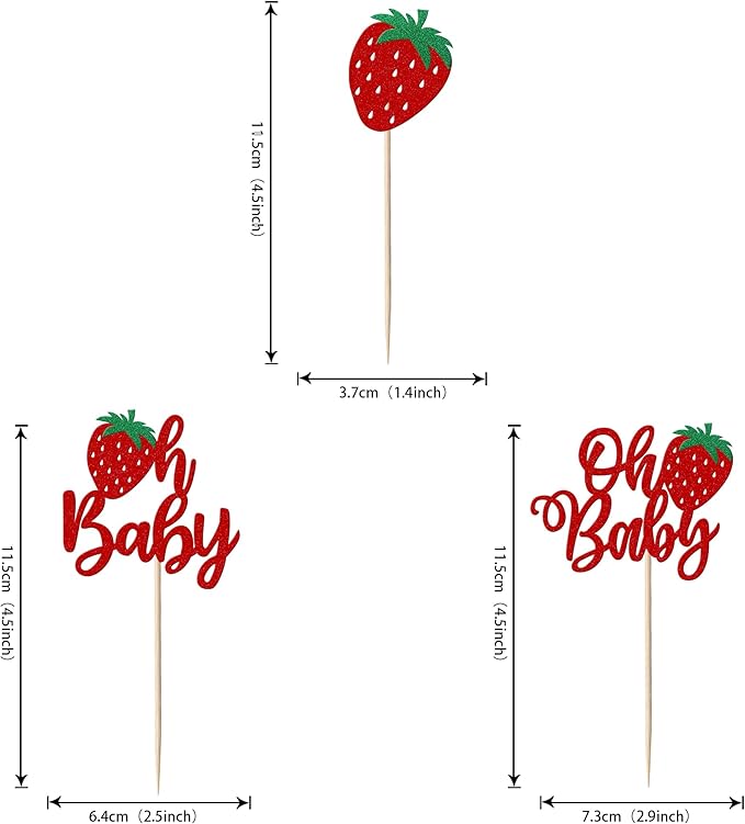 24 Pack Sweet Oh Baby Cupcake Toppers Glitter Oh Baby Strawberry Cupcake Picks Fruit Berry Cupcake Decorations for Summer Strawberry Baby Shower Kids Birthday Party Supplies Red
