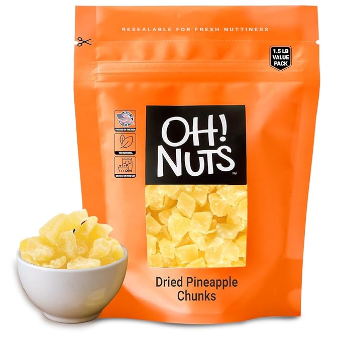 Oh! Nuts Dried Pineapple - 1.5 LB - Dried Fruit Chunks - Less Sugar Added - Dehydrated Fruit Bites - Packed in New York Zip-Seal Bag for Exceptional Freshness