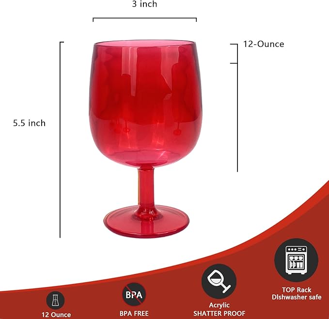 Yalin Set of 6 Unbreakable 12 oz Acrylic Plastic Wine and Water Tumbler Stackable Goblets. (Red, 12 oz)