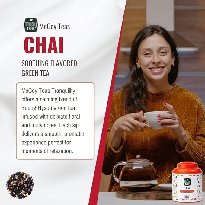 McCoy Teas Chai Tea Flavored Black Loose Leaf Tea Make Hot or Cold Ice and Brews with Premium Tea from Sri Lanka, 100g Can (Pack of 01)