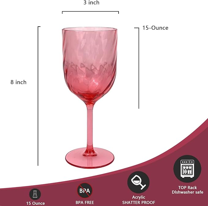 Yalin Set of 6 Unbreakable 15 oz Acrylic Plastic Wine and Water Tumbler Stackable Goblets. (Red, 15 oz)
