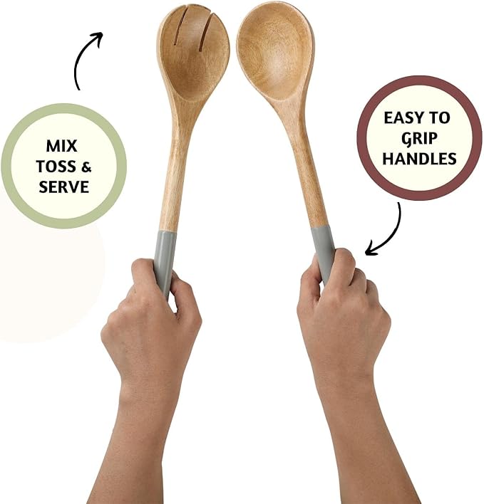 Folkulture Salad Servers or Salad Tongs, Wooden Utensils for Serving Salad, Salad Forks or Salad Tongs for Serving, Salad Sling, 12-inch Spoon and Fork Set, Mango Wood, Grey
