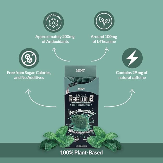 Rebellious Mint Organic Drink Mix ??Organic Zero Calorie Energy Drink Mix | Monk Fruit & Green Tea Extract | L-Theanine + Natural Caffeine | 100% Plant-Based | Pack of 10 | Keto, Kosher, Gluten-Free