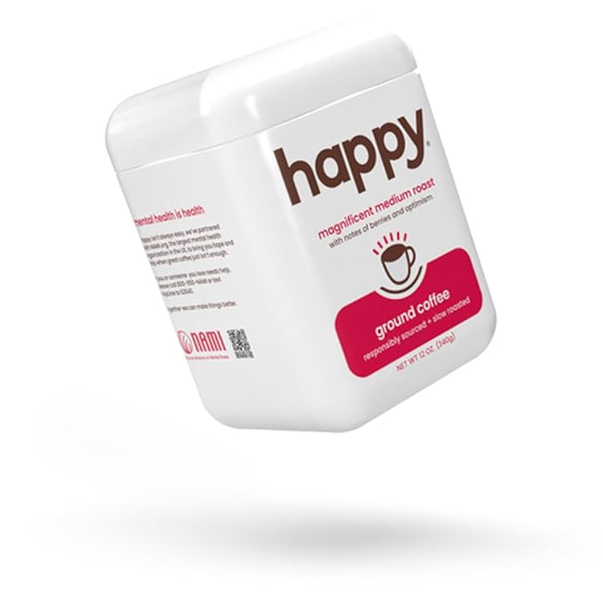 happy coffee medium roast ground coffee, 12 oz., notes of berries & optimism, recyclable container, grown & harvested in Brazil & Colombia, ra챠z sustainability verified