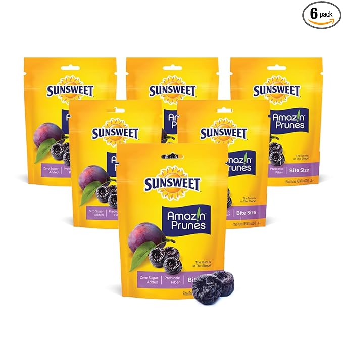 Sunsweet Amazin' Prunes - Bite Size Prunes Pitted Unsweetened & Dried - Gluten Free, Vegan, Low Fat - Fiber & Minerals - 8 oz pouch - 6 Pack