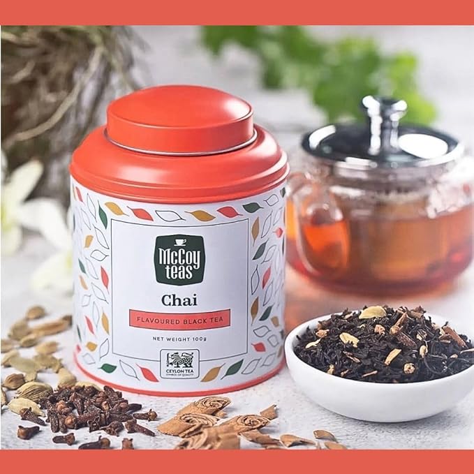 McCoy Teas Chai Tea Flavored Black Loose Leaf Tea Make Hot or Cold Ice and Brews with Premium Tea from Sri Lanka, 100g Can (Pack of 01)
