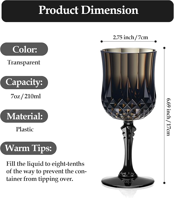 XUWAIDSGN 7oz Plastic Vintage Wine Glasses Drinking Glasses Unbreakable Wedding Glassware Crystal Water Goblets Reusable Drinkware Vintage Champagne Flutes (48, Black)