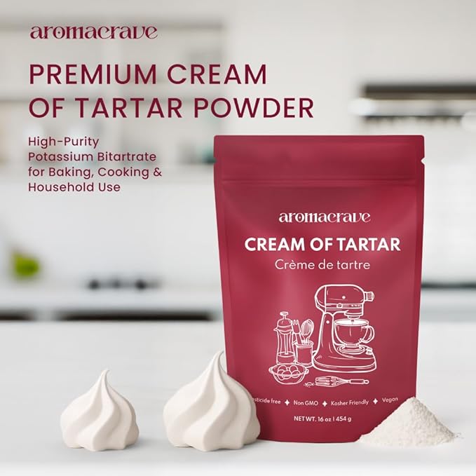 AROMACRAVE Cream of Tartar Powder, High-Purity Potassium Bitartrate for Baking & Cooking, Stabilizes Egg Whites, Prevents Sugar Crystallization, Leavening Agent for Fluffy Baked Goods (8 Ounce)