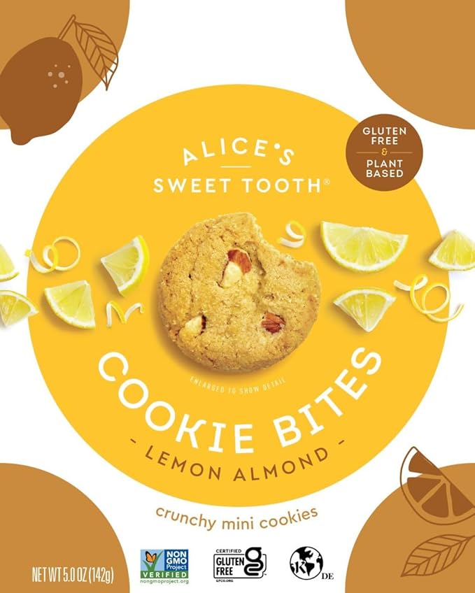 Alice's Sweet Tooth Lemon Almond Cookie Bites - Gluten-Free, Vegan, Crunchy Mini-Cookies - Plant-Based, Dairy-Free, Grain-Free, Soy-Free, Kosher ??5.0 ounces