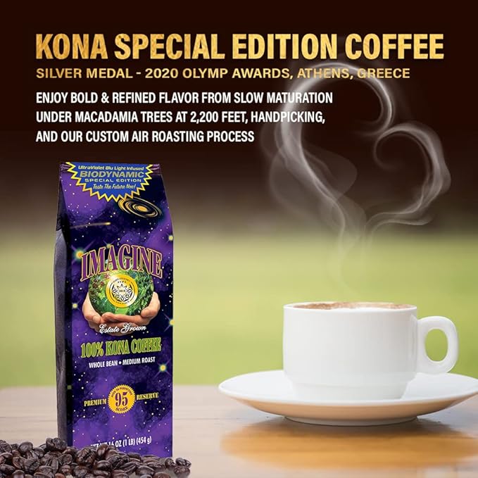 Imagine Kona UltraViolet Blu Light Infused Biodynamic Special Edition | Organic Whole Coffee Beans | Made From Premium Hawaiian Kona Beans | Top Grade Air Roasted | Medium Roast - 16 ounce