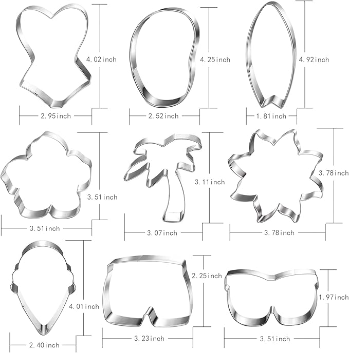 Beach Cookie Cutter Set-9 Piece-Flip Flop, Sunglasses, Sun, Ice Cream, Palm Tree, Bathing Suit, Tropical Flower, Surfboard-Diswasher Safe-Summer Cookie Cutters Shapes for baking