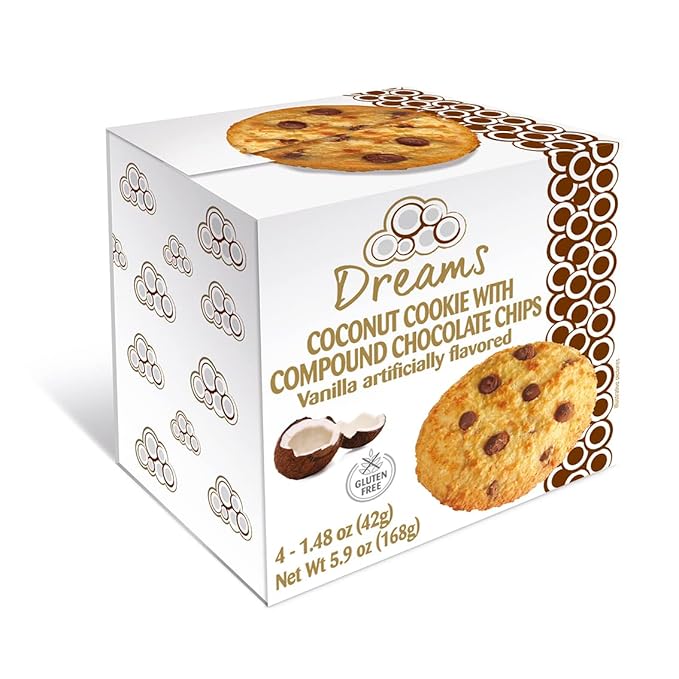 Coconut Cookie with Compound Chocolate Chips – Macaroons, Vegan Snacks, Gluten-Free, Protein and Nutrient Packed – DREAMS COCONUT – Pack of 4 (x 1.48oz/42g), 5.92oz/ 168g