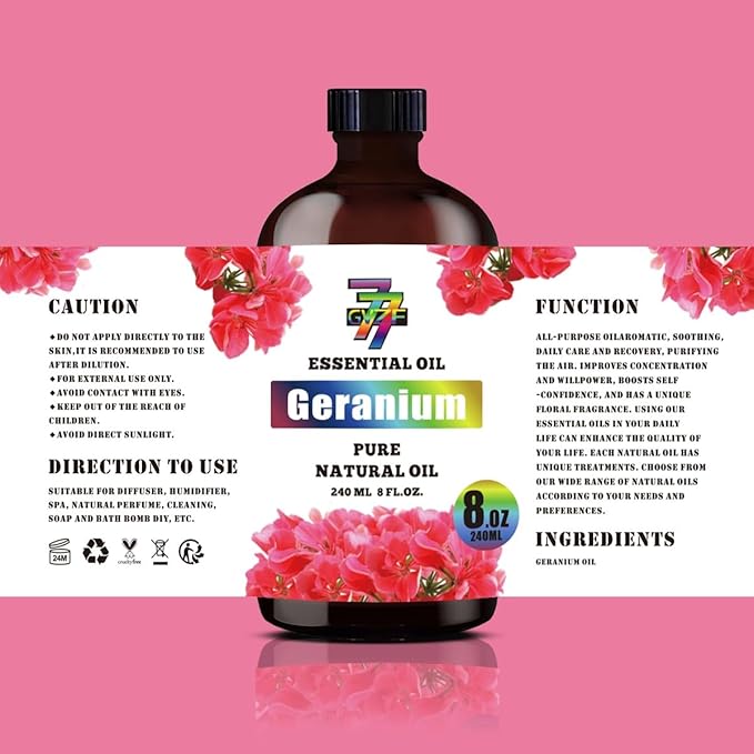 Geranium Essential Oil (8 oz / 240 ml) ??Geranium Oils for diffusers, humidifiers, Home Baths, Cleaning Products, Yoga, DIY Soaps and DIY Scented Candles