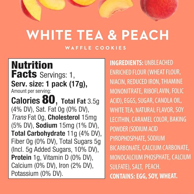 Reko Tea Fusions Waffle Cookies, White Tea & Peach - Individually Wrapped Single Serve Snack Packs - Thin Italian Pizzelles with No Artificial Flavors or Colors - 5 Cookies per Pack, Box of 12