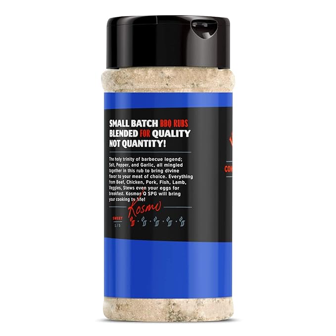 Kosmos Q SPG BBQ Dry Rub, Bold Salt Pepper Garlic Blend with Organic Cane Sugar, BBQ Seasoning for Brisket, Chicken, Steak, Ribs, Pork, Seafood & Veggies, Meat Rub for Smoking & Grilling, 12 Oz Shaker