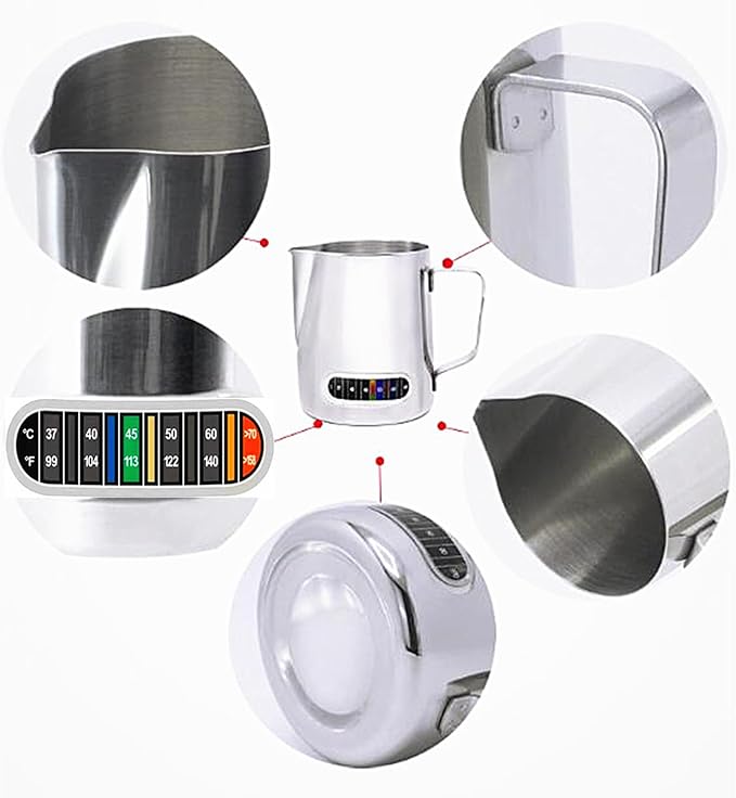 Milk Frothing Pitcher Stainless Steel with Thermometer Fahrenheit Temperature Integrated for Coffee, Cappuccino,Espresso,Latte Art(600ml/20oz)