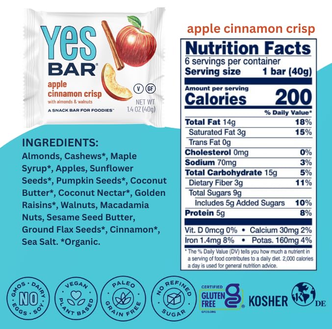 The YES Bar ??Apple Cinnamon Crisp ??Plant Based Protein, Decadent Snack Bar ??Vegan, Paleo, Gluten Free, Dairy Free, Low Sugar, Healthy Snack, Breakfast, Low Carb, Keto Friendly (24 Count)