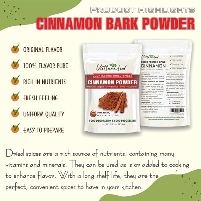 CINNAMON BARK POWDER 5.29 Oz (150g) VIETFARMFOOD: Natural pure, convection dried seasoning made from real vegetables - perfect for adding flavor to any meal, from cooking, baking, salad, soups, sauces