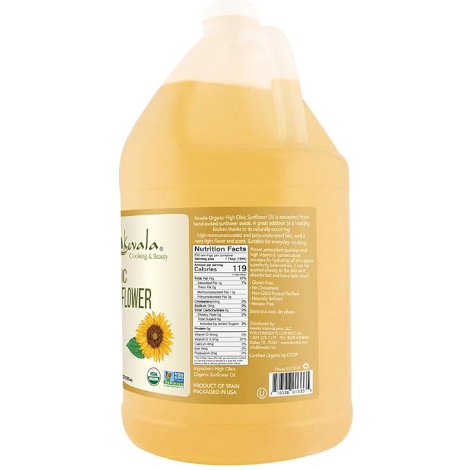 Kevala Organic Sunflower Oil - Oil Rich in Vitamin E for Cooking and Body Care, Great Ingredient for a Salad Dressing with no Cholesterol, Kitchen Pantry Staple for your Home, 128 fl oz, 1 gal