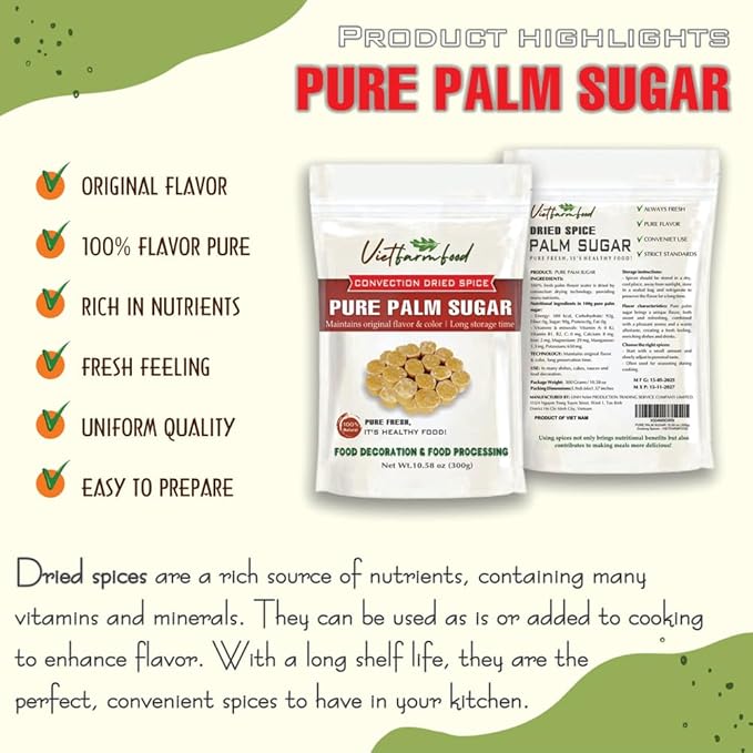 PURE PALM SUGAR 10.58 Oz (300g) VIETFARMFOOD: Natural pure, convection dried seasoning made from real fruits - perfect for adding flavor to any meal, from cooking, baking, salads, soups, sauces