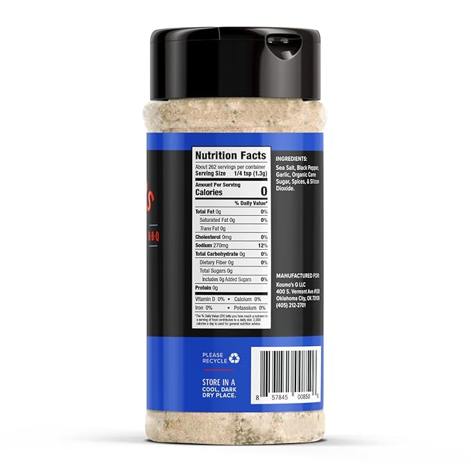 Kosmos Q SPG BBQ Dry Rub, Bold Salt Pepper Garlic Blend with Organic Cane Sugar, BBQ Seasoning for Brisket, Chicken, Steak, Ribs, Pork, Seafood & Veggies, Meat Rub for Smoking & Grilling, 12 Oz Shaker