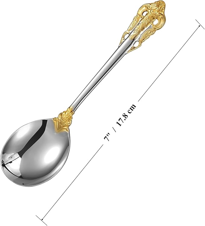 KEAWELL Gorgeous Round Soup Spoon, Set of 4, 18/10 Stainless Steel, Luxury Bouillon Spoon, Dishwasher Safe, Fine Mirror Polished (Gold Accent)