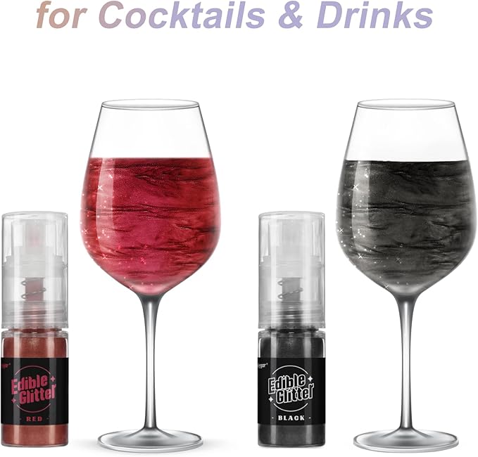 Sujoygar Edible Glitter Spray 2 Colors, Red and Black Edible Glitter for Cocktails, Shimmer Powder Luster Dust Edible for Cake Drink Strawberrie Cupcake Cookies Haloween Baking Decoretion, Vegan(5g/Bottle)