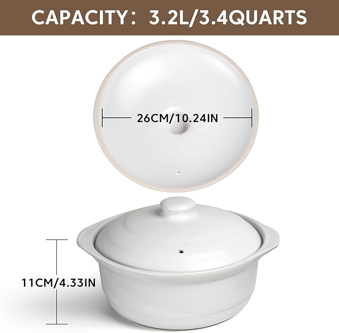 Ceramic Pots Casserole Soup Bowl with Lid Ceramic Cookware Stockpot Rice Pots Clay Pot for Cooking (White, 3.4 Quart)