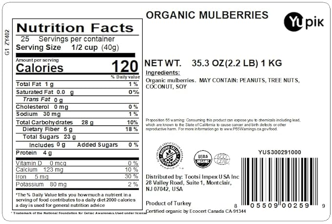 Yupik Organic Dried Mulberries, 2.2 lb, Dried Fruit, Non-GMO, Vegan, Gluten-Free, No Added Sugar, Oil-Free, Healthy Snacks, Ideal for Baking & Topping