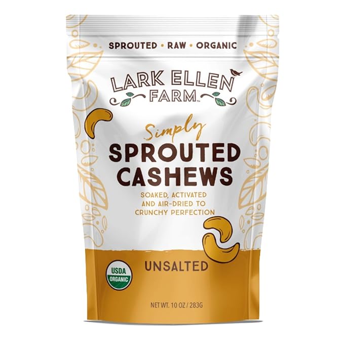 Lark Ellen Farm Sprouted Organic Certifed Cashews Unsalted - 10 oz Bag, Non GMO, Keto Snacks, Paleo, Gluten Free, Vegan, Organic, Plant Based, High Protein, Low Glycemic Index, Peanut Free Facility??,<div>