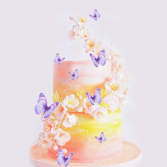 30pcs Bule Purple Mixed Size Lively 3D Waterproof Butterfly Cupcake Topper for Girls Women's Happy Birthday Wedding Party Cake Wall Party Food Decorations