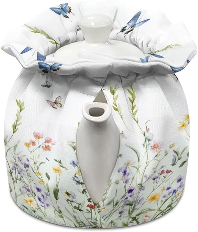 White Wildflower Tea Cozy Keep Warm Teapot Insulated for Halloween Day Insulated Teapot Cozy Kitchen Accessory Soft Teapot Dust Protector for Women