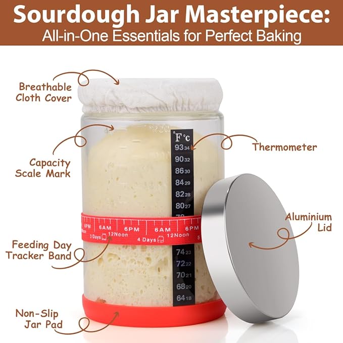 40oz Large Sourdough Starter Jar Glass Kit Wide Mouth with Black Silicone Spatula, Aluminum Lid, Cloth Cover, Date Marked Band, Thermometer (#1p 40oz with Red)