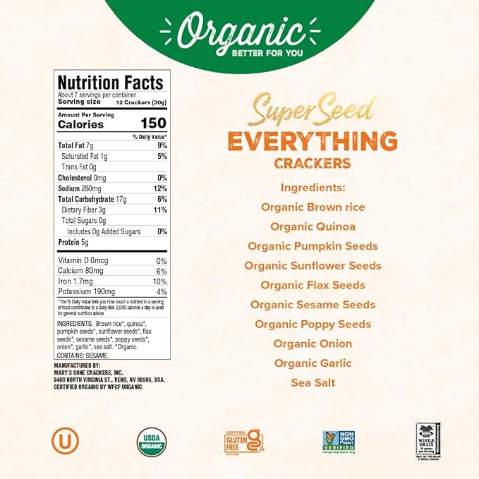 Mary's Gone Crackers Super Seed Crackers, Organic Plant Based Protein, Gluten Free, Everything, Family Size, 7 Ounce (Pack of 6)