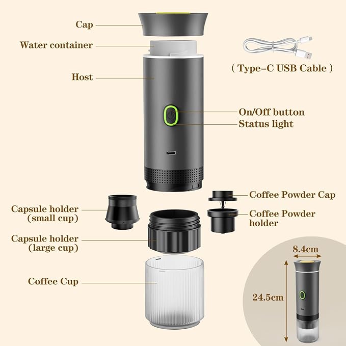 3-in-1 Portable Espresso Maker, Travel Coffee Maker, Self-Heating Car Coffee Maker with USB-C, Small Espresso Machine with Ground Coffee & Capsules (NS竊낪G) for RV, Hiking, Office (grey)