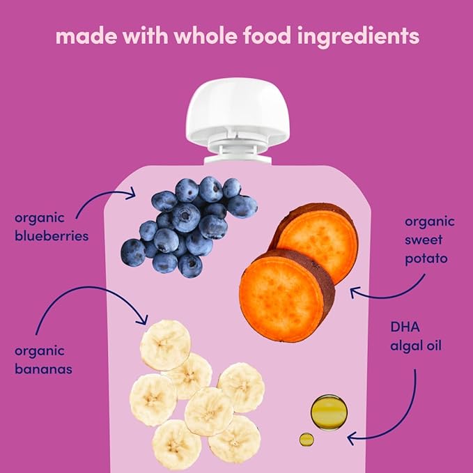 Cerebelly Organic Baby Food Pouches ??Dairy Free Smoothies for Toddlers | No Added Sugar, Fiber, Non-GMO | Toddler Smoothie Pouches | 4oz BPA-Free Baby Food | Sweet Potato Banana Blueberry | 12 Count