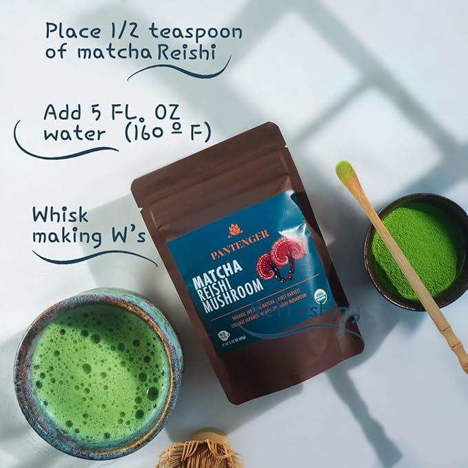 Pantenger Matcha Green Tea Powder and Reishi Mushroom. 2.12 OZ (60 grams). USDA ORGANIC. Japanese Reishi Mushroom with Japanese Matcha Tea.