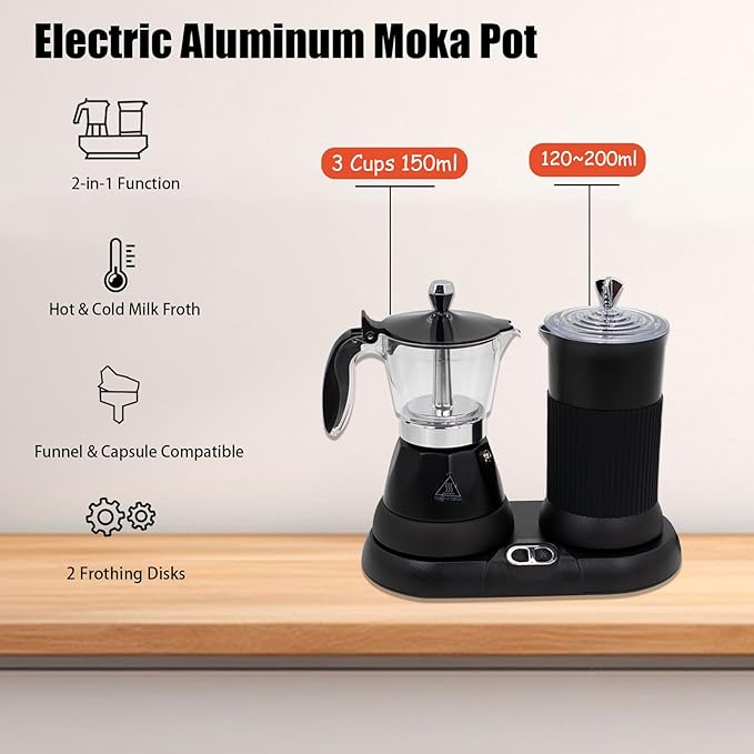 Espresso Maker with Milk Frother Electric Moka Pot 2-in-1 Espress Machine Aluminium One-Touch Operation Milk Froth Fine and Dense Black 110V