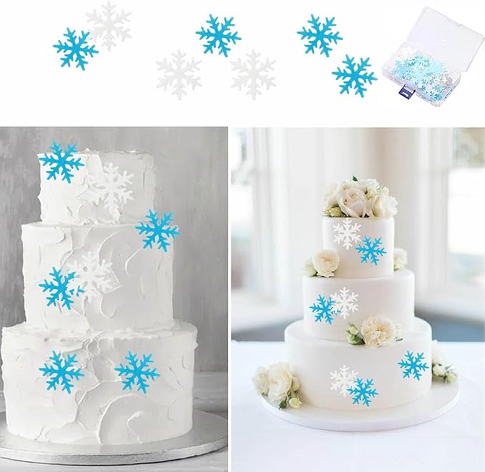 50 Pcs Edible Snowflakes Cupcake Cake Toppers Christmas Winter Theme Party Decoration Supplies White and Blue