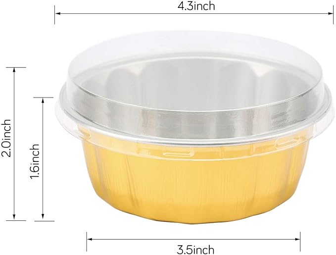 Beasea Disposable Ramekins with Lids, 8oz 100 Pack Golden Aluminum Foil Cups Disposable Creme Brulee Muffin Cupcake Baking Cup Mini Pudding Cups for Party Wedding Birthday