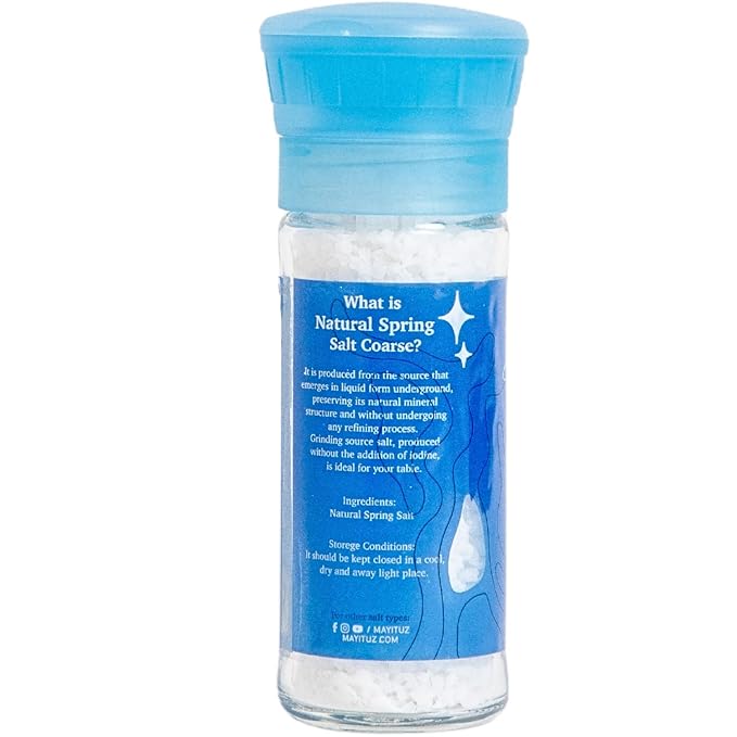 MAYİ Ancient Natural Spring Salt Coarse Grain Grinder 3.8 oz - Hand-Harvested, Kosher, Microplastic-Free, Mineral-Rich, Chemical-Free, Non-GMO, Diamond Crystal Grain, Unrefined Salt for Cooking, Grilling, Baking, Canning & Pickling, Low Sodium Diets