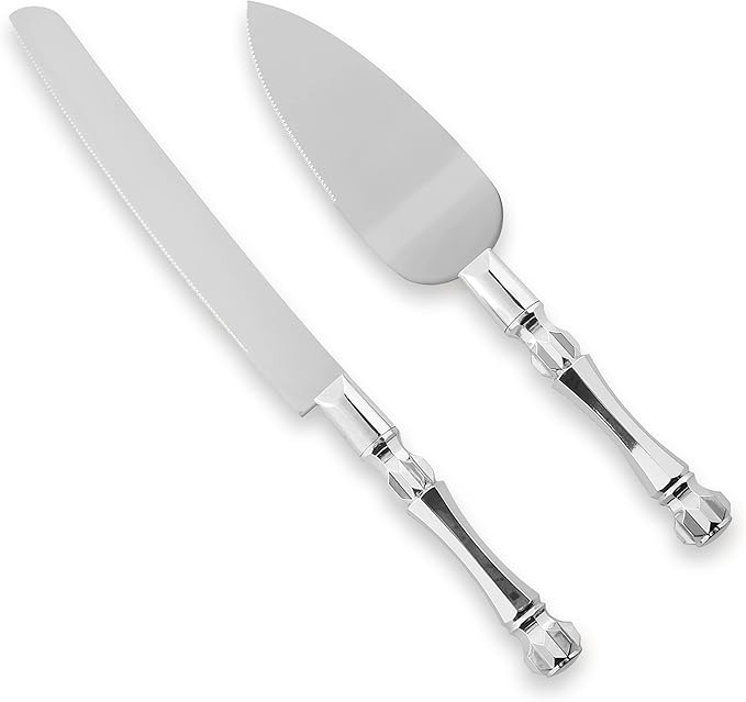 Cake Knife and Server Set, Cake Cutter and Pie Spatula, Cake Server and Knife Set with Acrylic Crystal Handles, Cake Cutting Set for Wedding Cake ??1.2mm Thick Blades, Birthdays, and Parties (Silver)