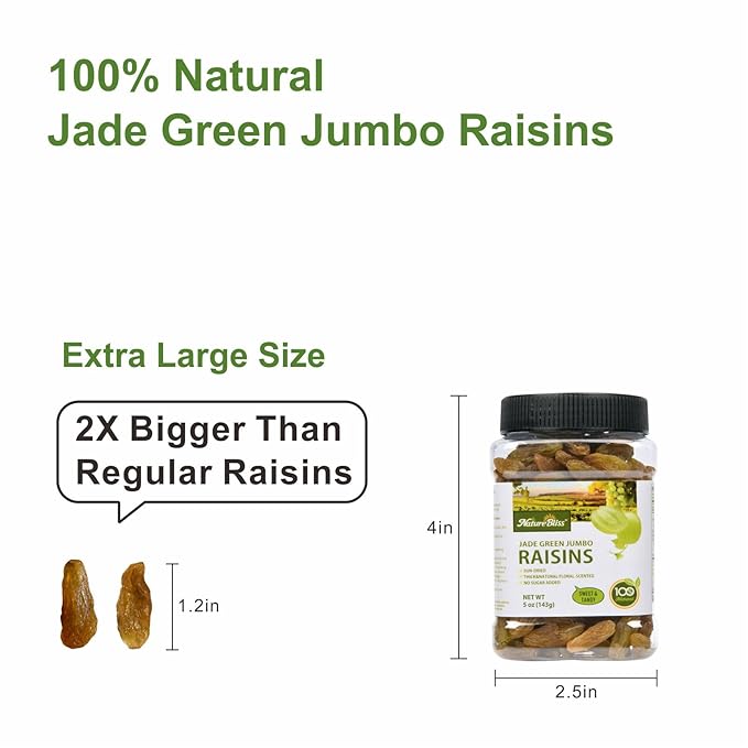 Naturebliss Premium Green Raisins, Long-Grain, Jumbo Seedless Grapes Dried Fruit Snacks, No Sugar Added, Non-GMO, Naturally Shade-Dried Raisins, Healthy Energy Snacks (6 OZ/Pack of 1)
