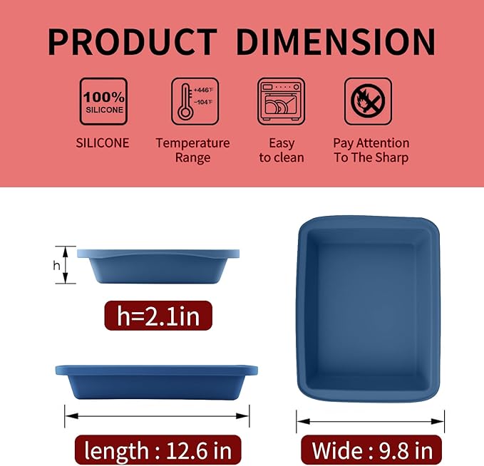 Sunsetbaby Silicone Baking Pan, Deep Rectangular Bakeware Cake Pan with Handles, Compatible with Fancy Panz, for Lasagna, Cake, Brownie or Family Dinner, 12.6 x 9.8 x 2.1 Inch (Blue)